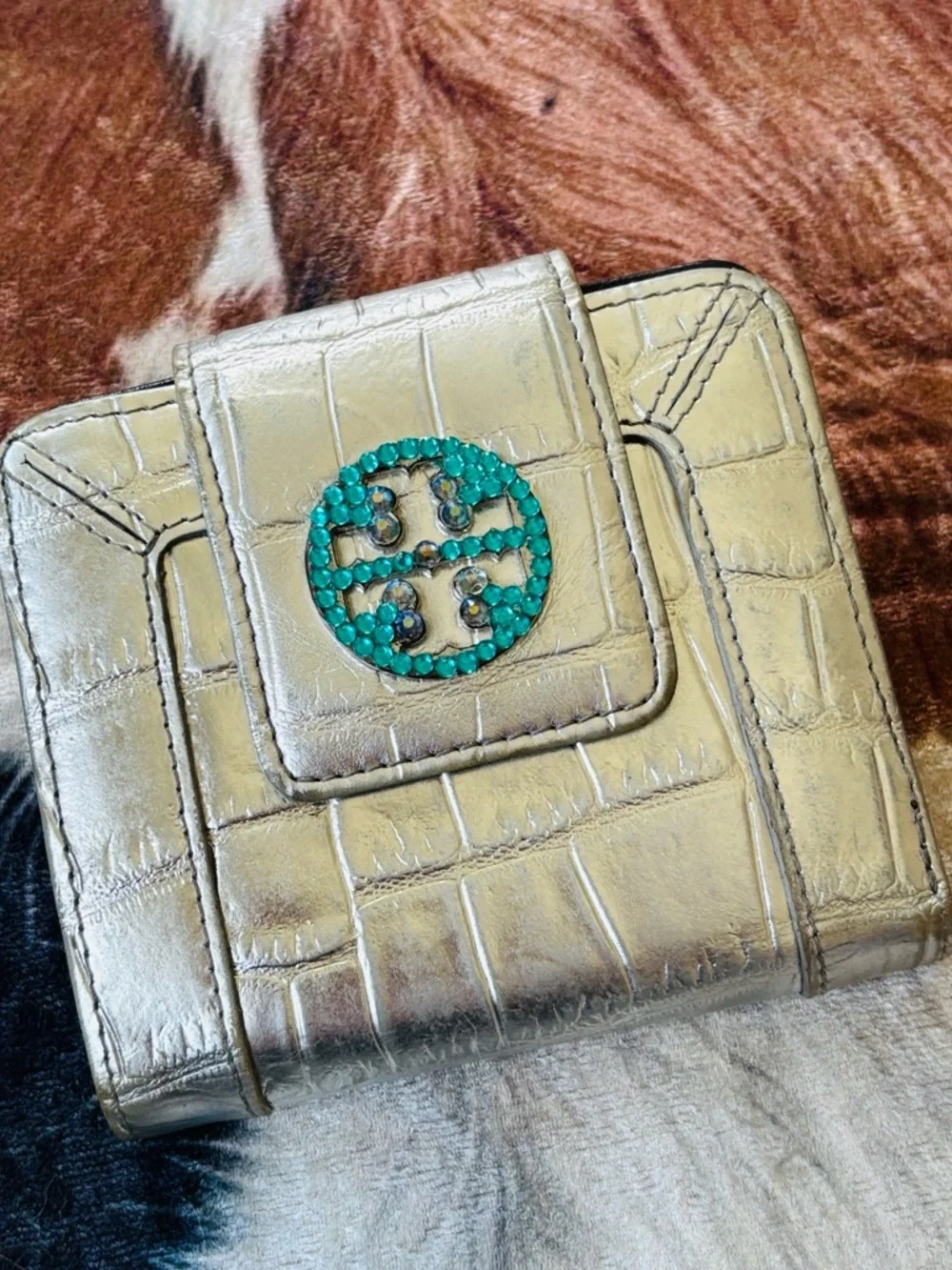 Tory Burch Metallic Silver Croc-Embossed Leather Bifold Wallet Teal Crystal Gems